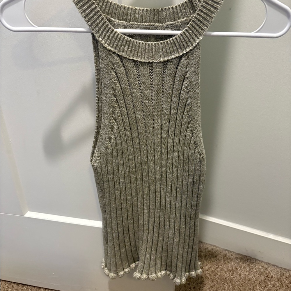Pilcro Anthropologie Ribbed Halter Knit Tank Size L Neutral Scallop Hem